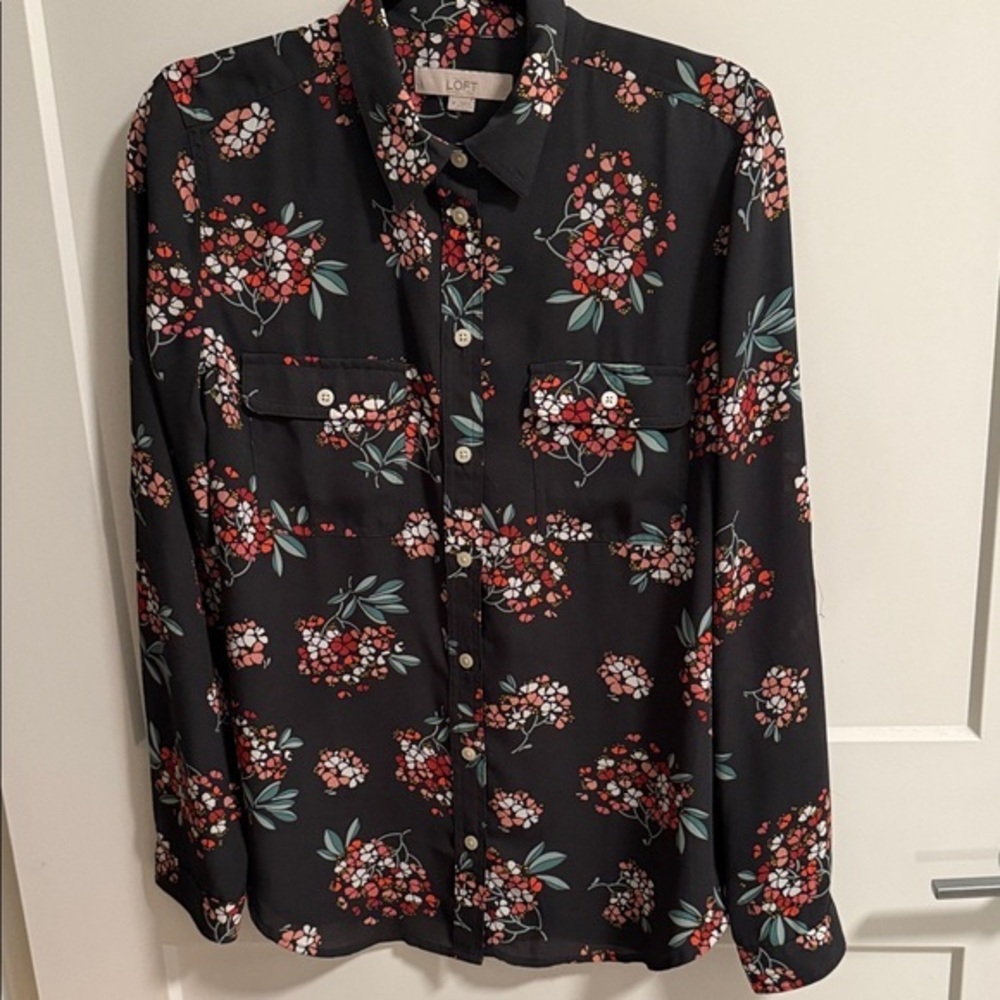 LOFT Black Floral Button-Front Blouse with Red and Pink Blooms